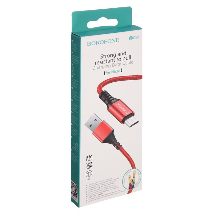 Кабель Borofone BX54, microUSB - USB, 2.4 А, 1 м, нейлоновая оплётка, красный