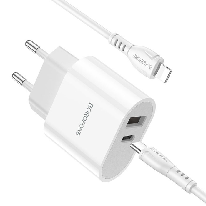 

Сетевое зарядное устройство Borofone BA62A, USB + Type-C, 2.4 А, кабель Type-C - Lightning, 1м, белое