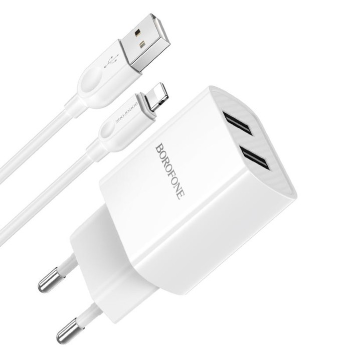 фото Сетевое зарядное устройство borofone ba53a, 2xusb, 2.1 а, кабель lightning, 1 м, белое