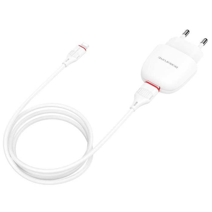 Сетевое зарядное устройство Borofone BA49A, USB, 2.1 А, кабель Lightning, 1 м, белое сетевое зарядное устройство кабель lightning borofone ba49a vast power 1usb 2 1a белый 28432