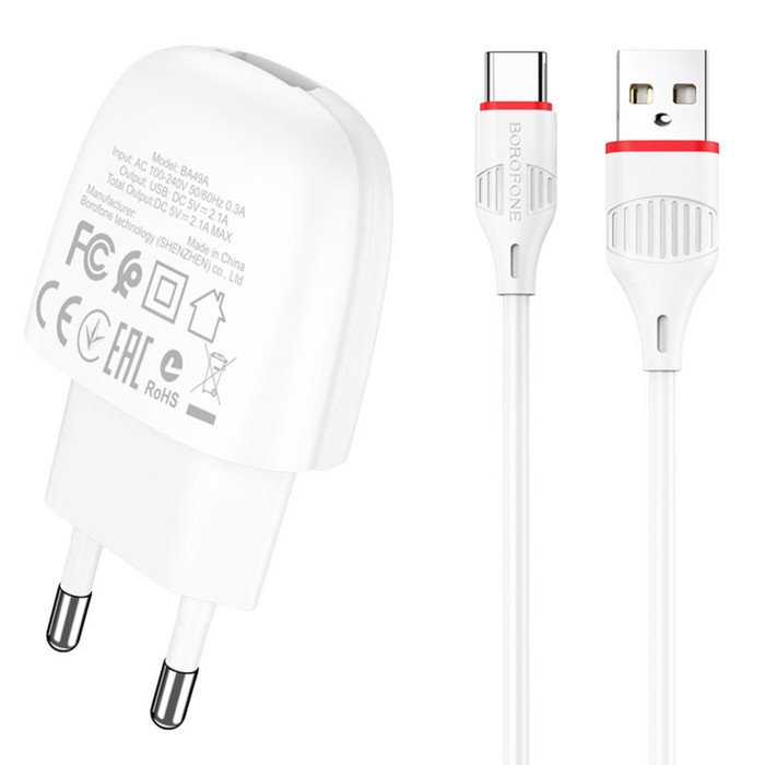 фото Сетевое зарядное устройство borofone ba49a, usb, 2.1 а, кабель microusb, 1 м, белое