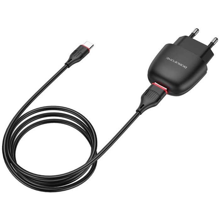 Сетевое зарядное устройство Borofone BA49A, USB, 2.1 А, кабель Type-C, 1 м, чёрное зарядное устройство borofone ba49a usb 2100ma огнестойкий пластик кабель type c чёрное 1 шт