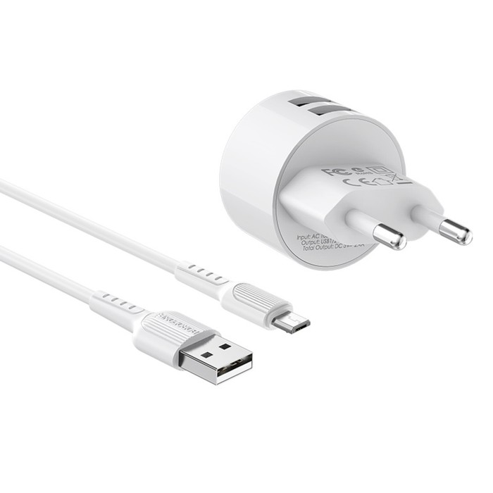 фото Сетевое зарядное устройство borofone ba23a, 2xusb, 2.4 а, кабель type-c, 1 м, белое