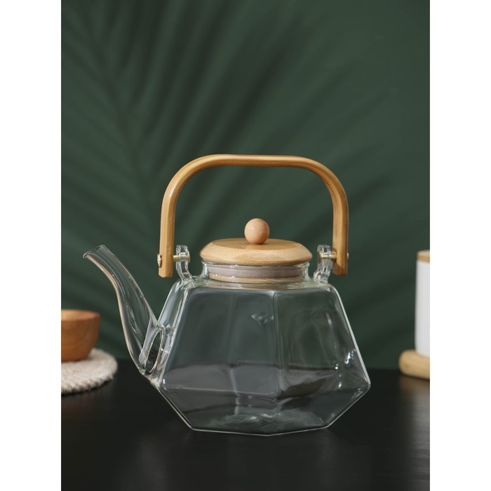 чайник заварочный стеклянный 2200мл с бамбуковой крышкой attribute tea att270 Чайник заварочный стеклянный с бамбуковой крышкой и металлическим фильтром BellaTenero «Октогон», 1,2 л
