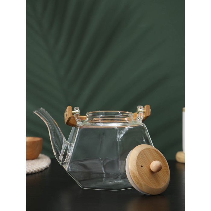 фото Чайник заварочный стеклянный с бамбуковой крышкой и металлическим фильтром bellatenero «октогон», 1,2 л