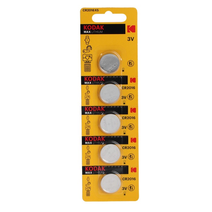 Батарейка литиевая Kodak, CR2016-5BL, 3В, блистер, 5 шт.