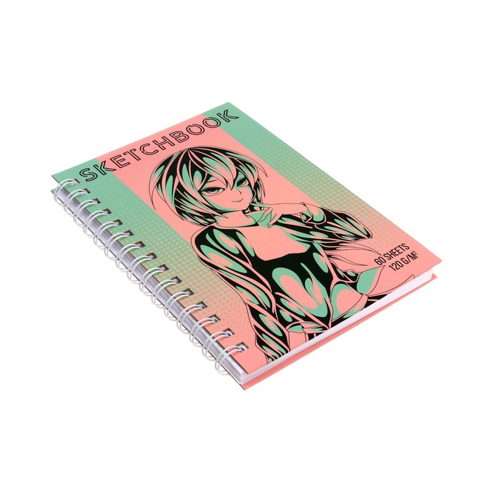 фото Скетчбук а5, 60 листов на гребне " аниме девушка", твердая обложка, софт-тач ламинация, блок 120г/м2 полиграф принт