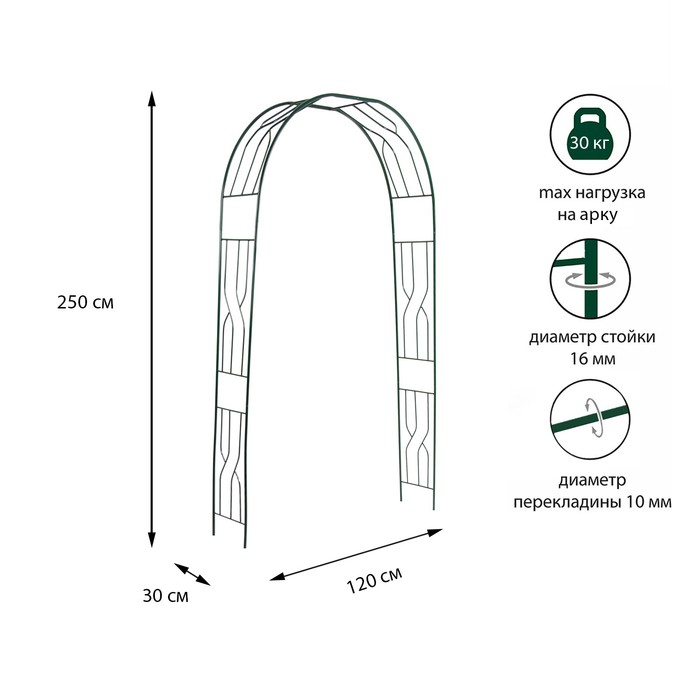 Арка садовая, разборная, 250 × 120 × 30 см, металл, зелёная арка садовая разборная 240 × 120 × 36 см металл зелёная вьюнок