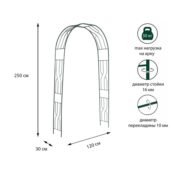 Арка садовая, разборная, 250 × 120 × 30 см, металл, зелёная арка садовая разборная 230 × 125 × 50 см металл зелёная сетка greengo