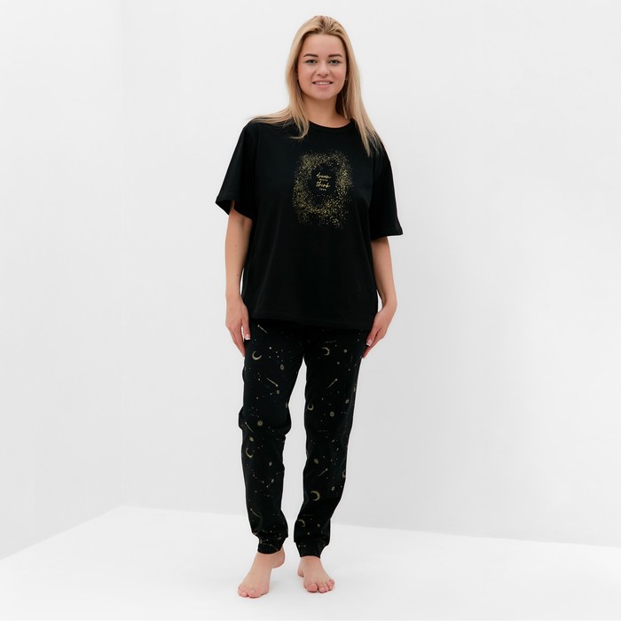 Комплект женский (футболка/брюки), цвет чёрный, размер 50