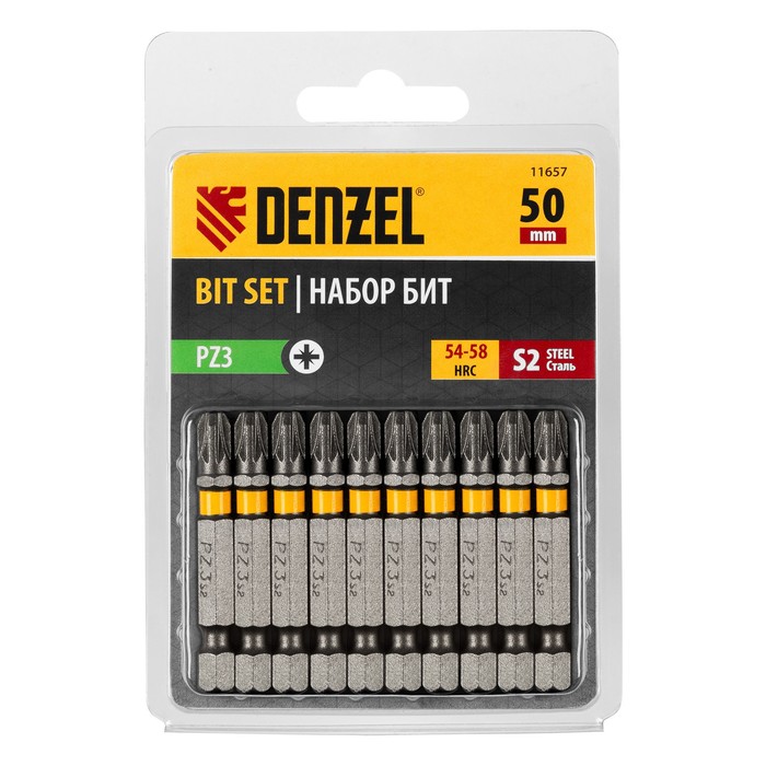 Набор бит Denzel 11657, шестигранный профиль, PZ3 х 50 мм, сталь S2, 10 шт. набор бит denzel 11680 круглый профиль отрывная упаковка pz2 х 50 мм сталь s2 10 шт