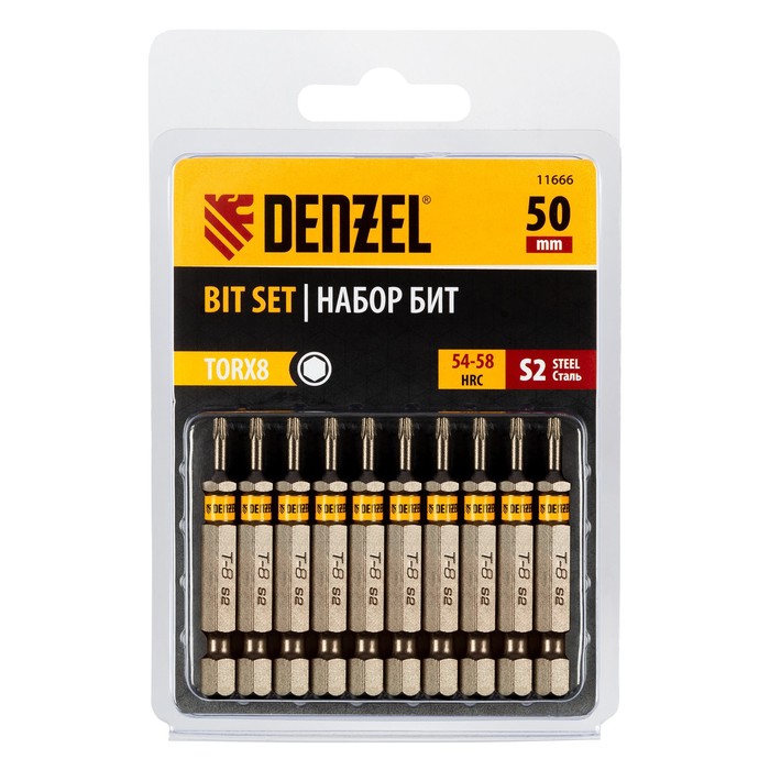 Набор бит Denzel 11666, шестигранный профиль, TORX 8 х 50 мм, сталь S2, 10 шт. набор бит denzel 11657 шестигранный профиль pz3 х 50 мм сталь s2 10 шт