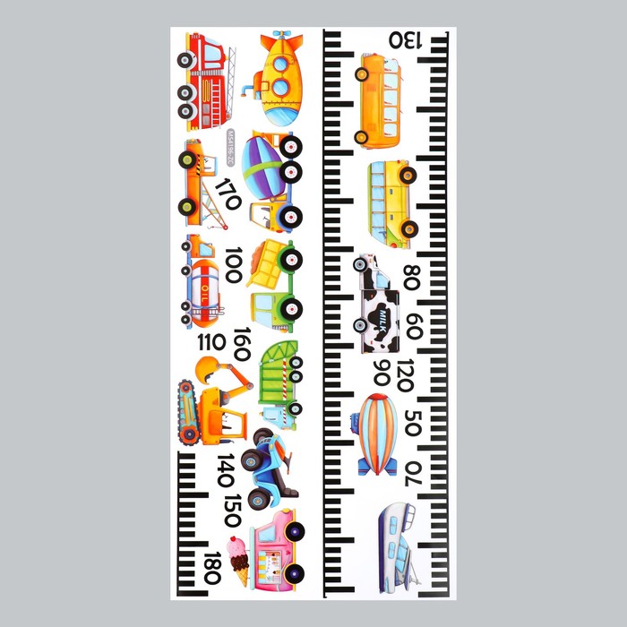 Наклейка пластик интерьерная цветная ростомер "Транспорт" набор 2 листа 15х60 см