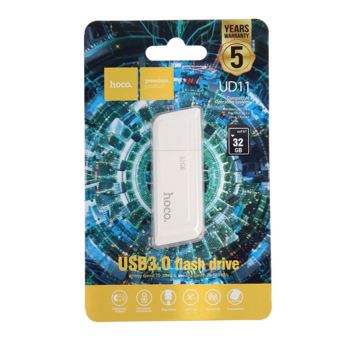 Флешка Hoco UD11 Wisdom, 32 Гб, USB3.0, чт до 100 Мб/с, зап до 30 Мб/с, белая