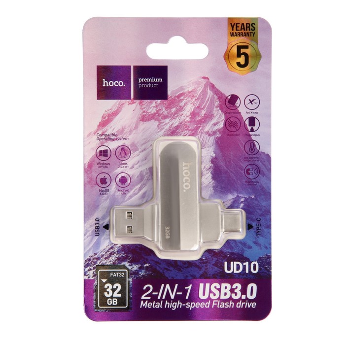 Флешка OTG Hoco UD10 Wise, 32 Гб, USB3.0, USB/Type-C, чт до 120 Мб/с, зап до 30 Мб/с, металл