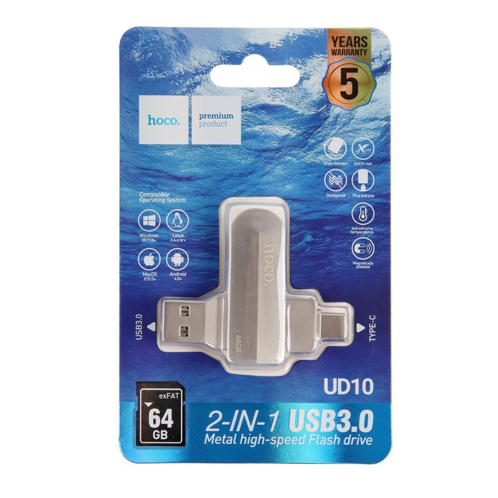 Флешка OTG Hoco UD10 Wise, 64 Гб, USB3.0, USB/Type-C, чт до 120 Мб/с, зап до 30 Мб/с, металл