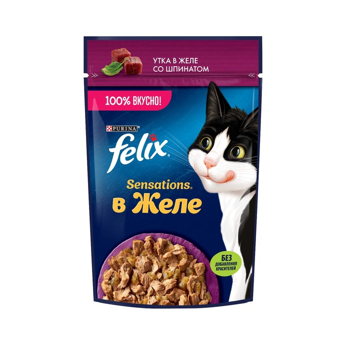 Влажный корм Felix Sensations для кошек, утка/шпинат в желе, 75 г
