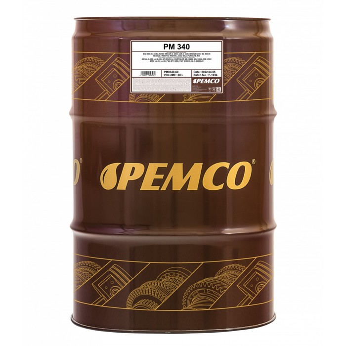 Масло моторное PEMCO 340 SAE 5W-40, синтетическое, 60 л масло моторное pemco 345 sae 5w 30 синтетическое 1 л