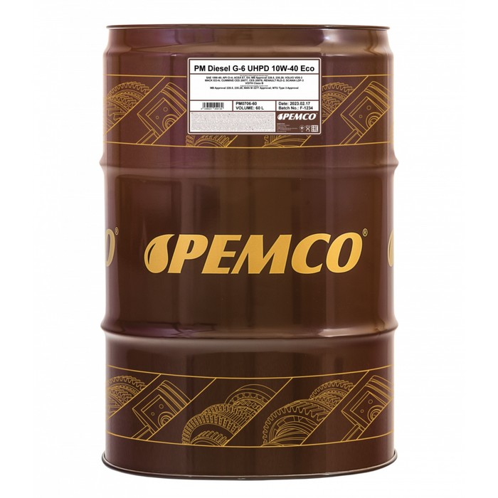 Масло моторное PEMCO DIESEL G-6 Eco UHPD 10W-40, синтетическое, 208 л масло моторное pemco diesel g 7 10w 40 uhpd синтетическое 208 л