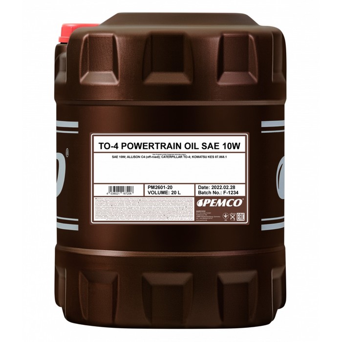 фото Масло трансмиссионно-гидравлическое pemco то-4 powertrain oil sae 10w, минеральное, 20 л