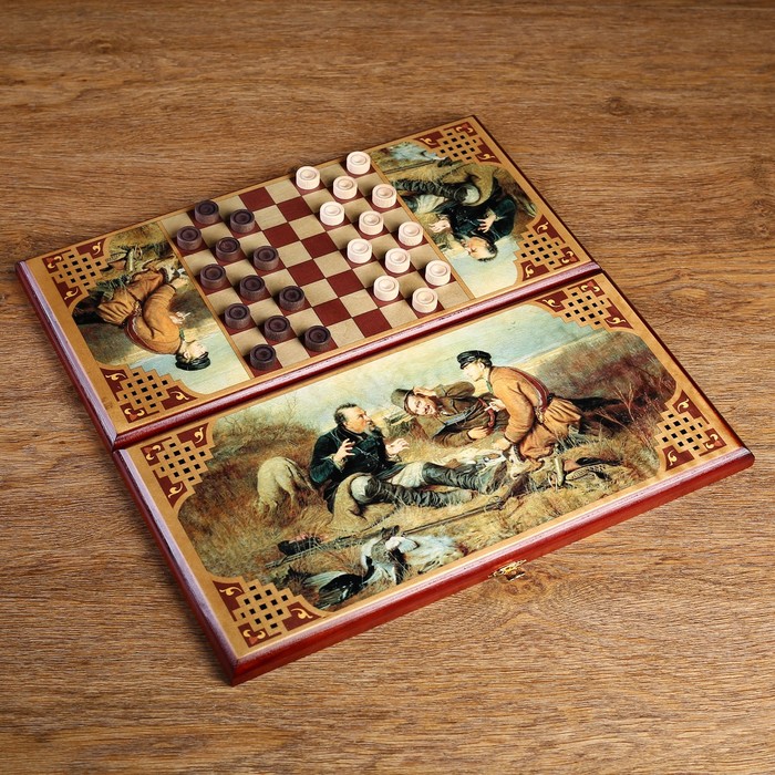 Нарды "Охотники на привале", деревянная доска 40х40 см, с полем для игры в шашки