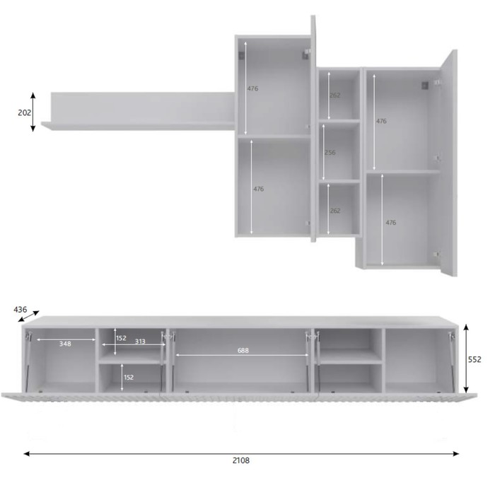 Гостиная подвесная «Глэйс», 2108×436×1757 мм, цвет ЛДСП белый бриллиант / МДФ монте белый