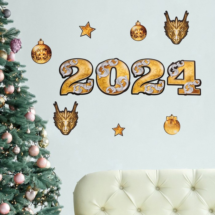 набор новогодних плакатов ангельский 8 предметов Набор новогодних плакатов «2024 », чёрное золото, 10 предметов