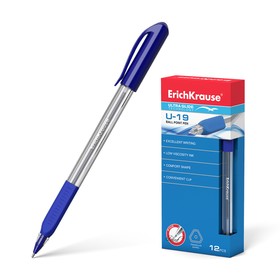 Ручка шариковая Erich Krause U-19, узел 0.6 мм, чернила синие, резиновый упор, трёхгранная, одноразовая, длина линии письма 1000 метров