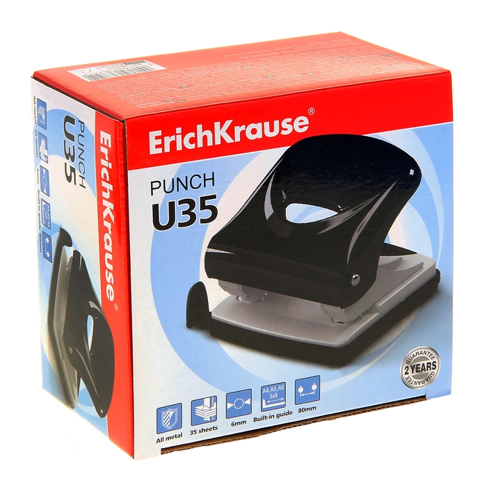 Дырокол до 35 листов Erich Krause U35, диаметр прокола 6мм, расстояние между проколами 80мм, микс