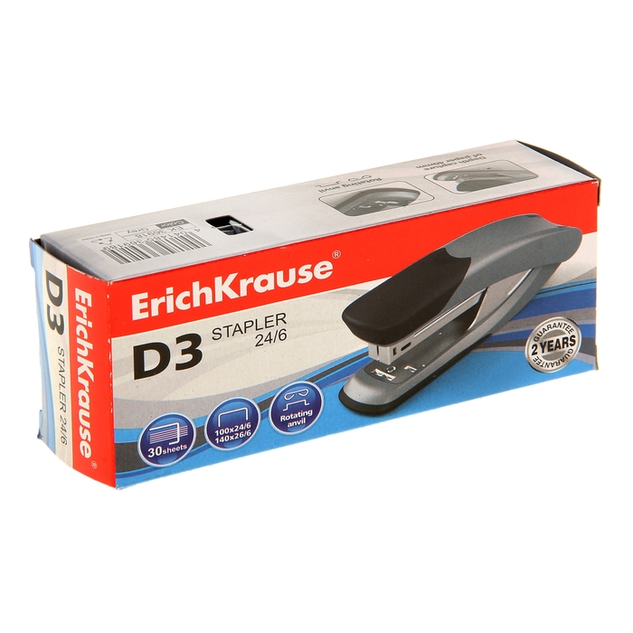 Степлер №24/6, 26/6 до 30 листов Erich Krause D3, серый, вмещает до 100 скоб, глубина закладки бумаги до 40мм