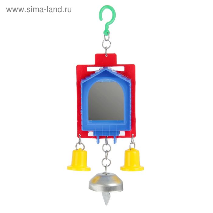 фото Игрушка для птиц зеркало двойное с металлическим и пластиковыми колокольчиками №2, микс бриллиант