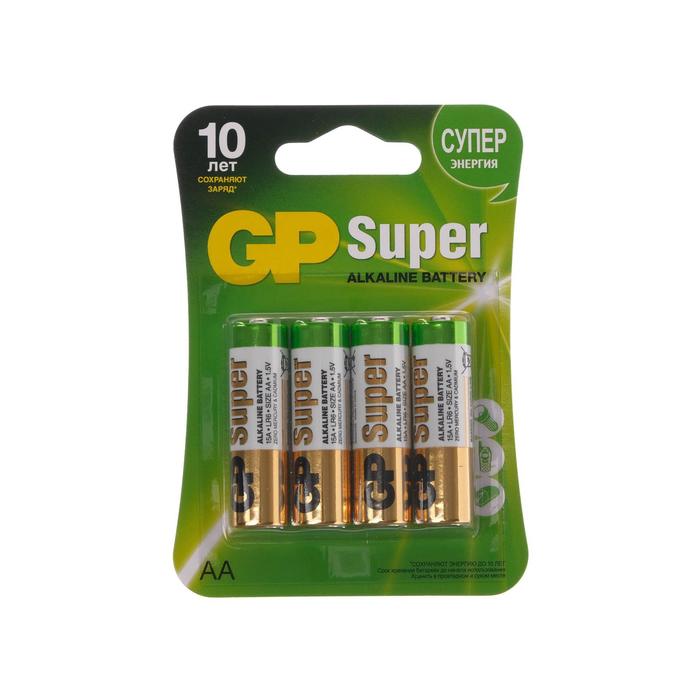 Батарейка алкалиновая GP Super, AA, LR6-4BL, 1.5В, блистер, 4 шт. батарейка gp super aa lr6 алкалиновая 8 шт