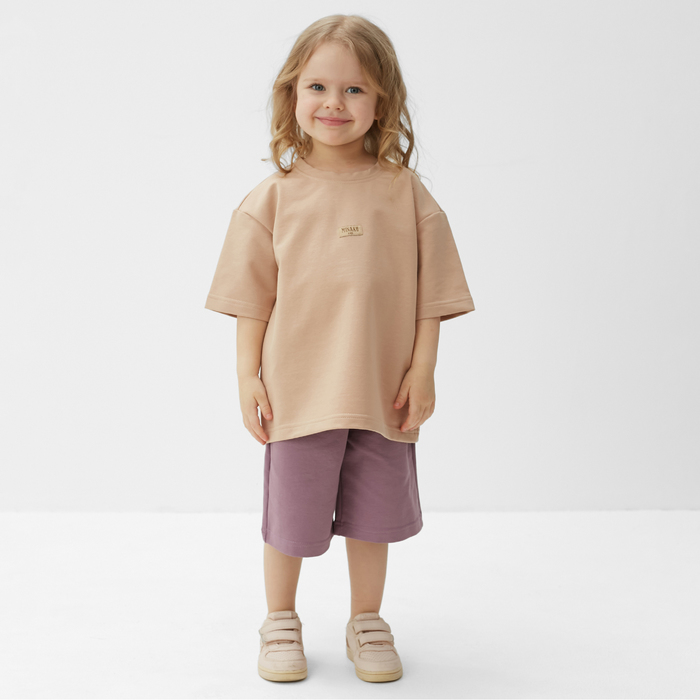 Костюм для девочки (футболка, шорты) MINAKU цвет бежевый/ пыльно-сиреневый, рост 110 см
