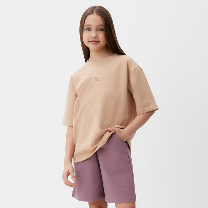 Костюм для девочки (футболка, шорты) MINAKU цвет бежевый/ пыльно-сиреневый, рост 134 см