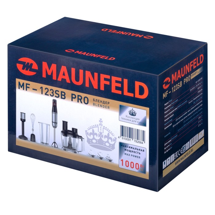 

Блендер MAUNFELD MF-123SB PRO, погружной, 1000 Вт, 0.8 л, 4 скорости, 7 насадок, чёрный