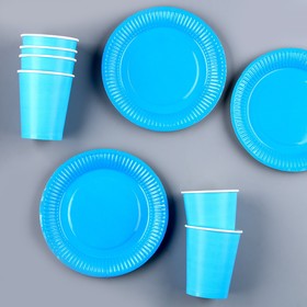 Набор бумажной посуды, 6 тарелок, 6 стаканов, цвет голубой
