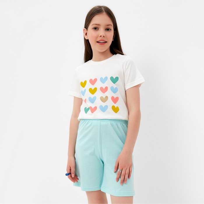 Комплект (футболка/шорты) для девочки, цвет молочный/серо-голубой, рост 110-116 см