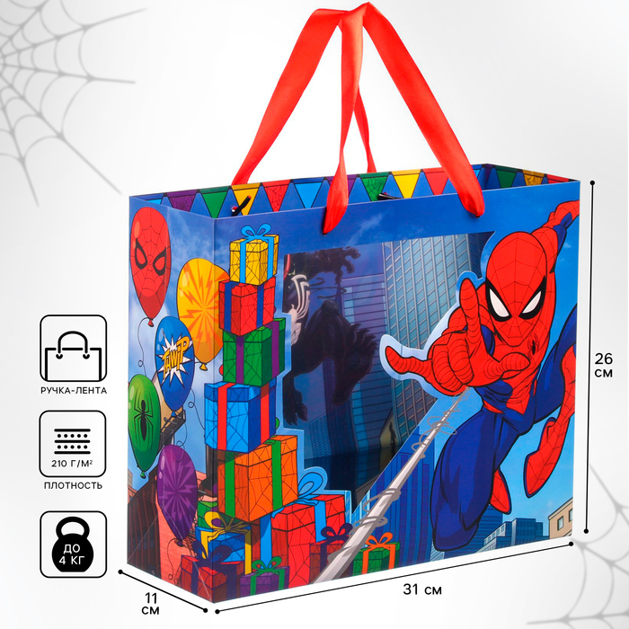 пакет подарочный 31 х 40 х 11 5 см поздравляю человек паук Пакет подарочный с пластиковым окном, 31 х 26 х 11 см, Человек Паук