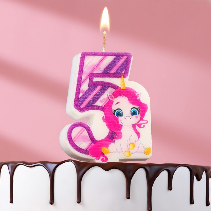 Свеча в торт Единорог, цифра 5, фиолетовая, 6,5 см свеча в торт единорог цифра 1 12 см