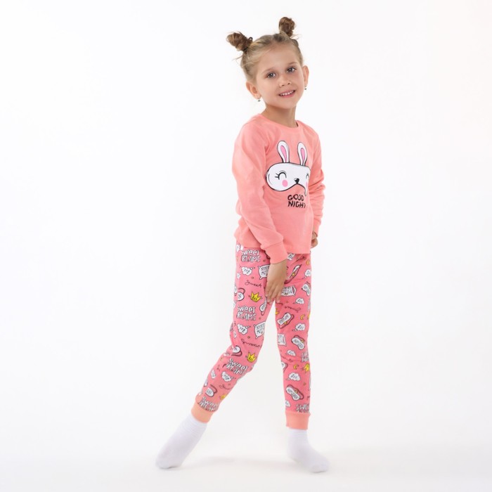 Пижама для девочки (лонгслив/штанишки), цвет розовый/заяц, рост 128 см