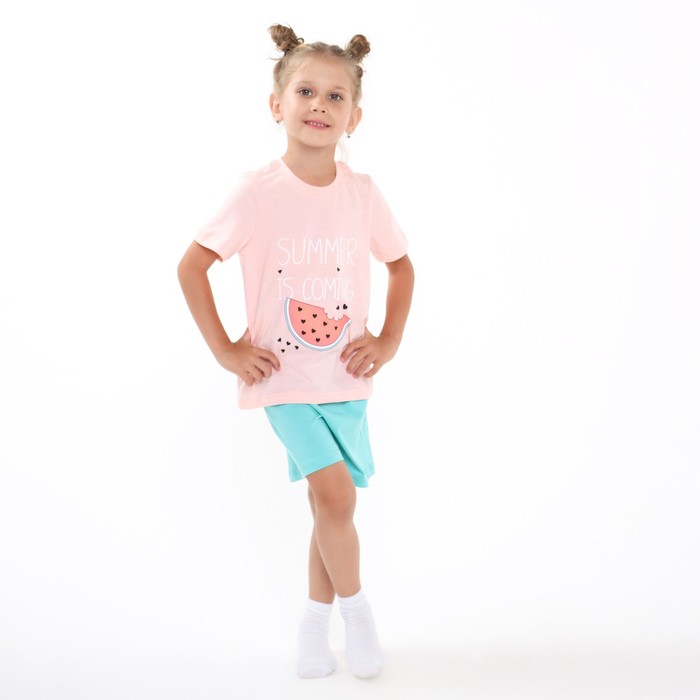 Комплект (футболка, шорты) для девочки, цвет персик/бирюзовый, рост 98-104 см (3 года)
