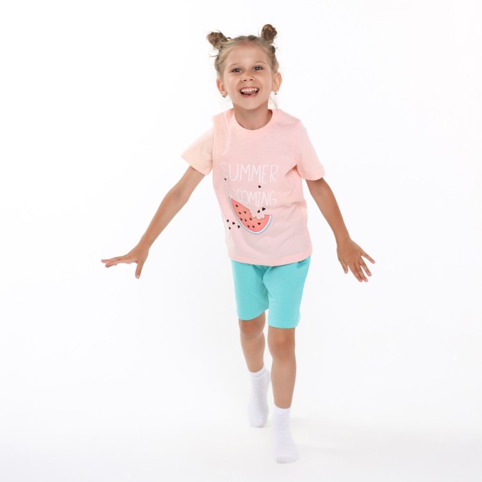 

Комплект (футболка, шорты) для девочки, цвет персик/бирюзовый, рост 122-128 см (7 лет)