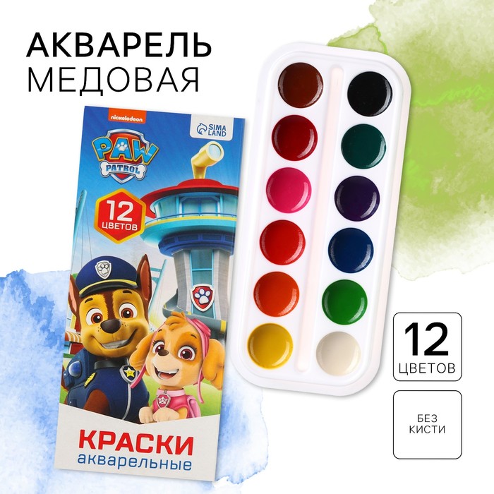 Акварель медовая «Щенячий патруль», 12 цветов, в картонной коробке, без кисти акварель медовая смешарики 12 цветов в картонной коробке без кисти