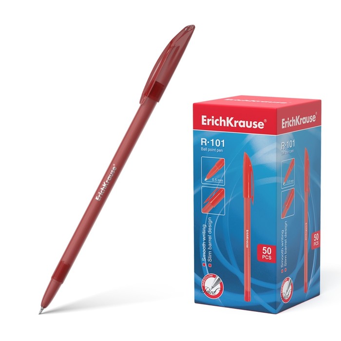 Ручка шариковая Erich Krause R-101, узел 1.0мм, чернила красные, длина линии письма 800м