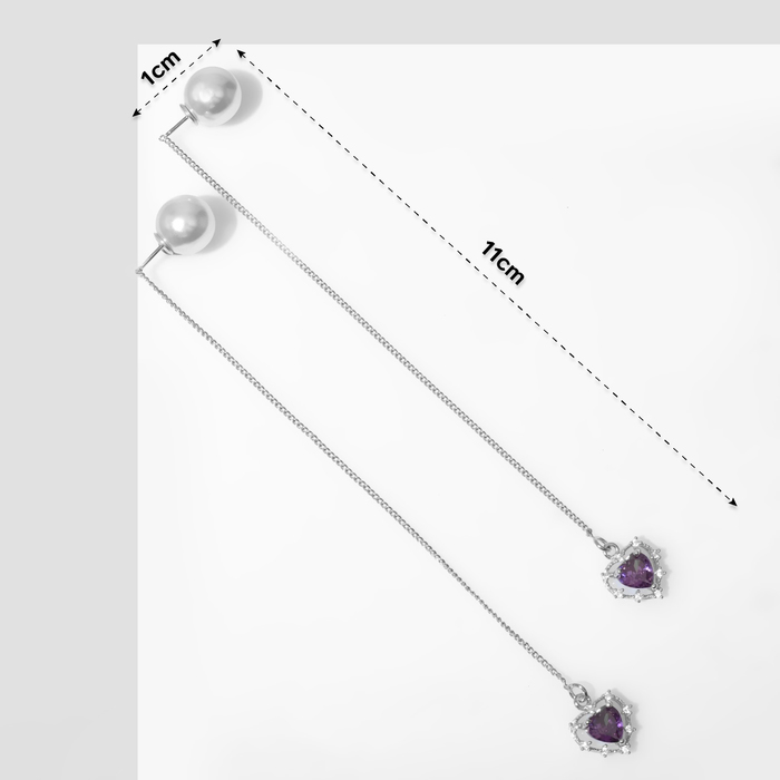 Серьги с жемчугом «Бусина» сердечки, цвет бело-фиолетовый в серебре фотографии