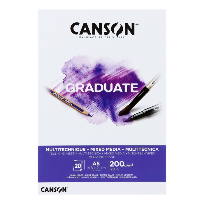 

Альбом CANSON Graduate Mix Media, А5, 20 листов, на склейке, белый, 200 г/м2