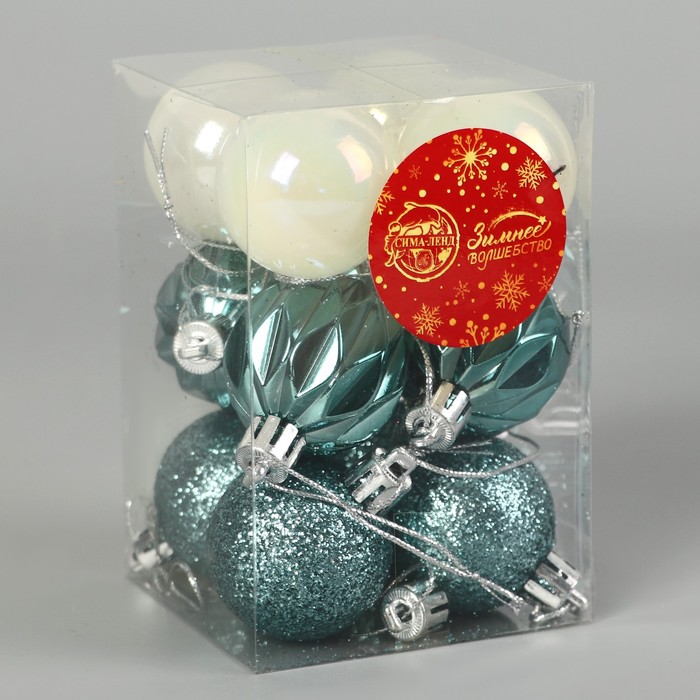 фото Набор шаров пластик d-4 см, 12 шт "мелодия" грани блеск, белый зелёный зимнее волшебство