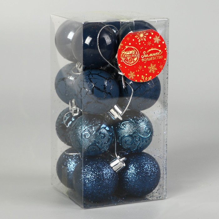 фото Набор шаров пластик d-4 см, 16 шт "мелодия" узор треск, синий зимнее волшебство