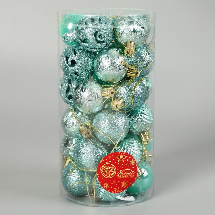 фото Набор шаров пластик d-4 см, 30 шт "мелодия" орнамент, зелёный зимнее волшебство