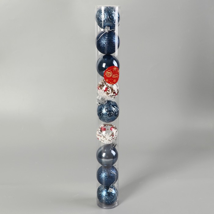 фото Набор шаров пластик d-6 см, 9 шт "мелодия" веточки блеск узор, синий зимнее волшебство